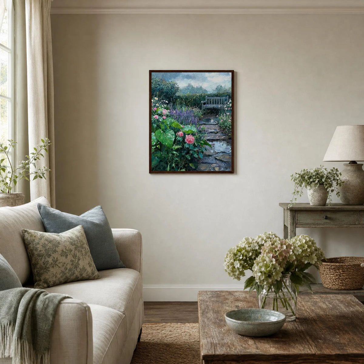 Rainy Garden Bench and Stone Path Wooden Framed Poster | Vintstep