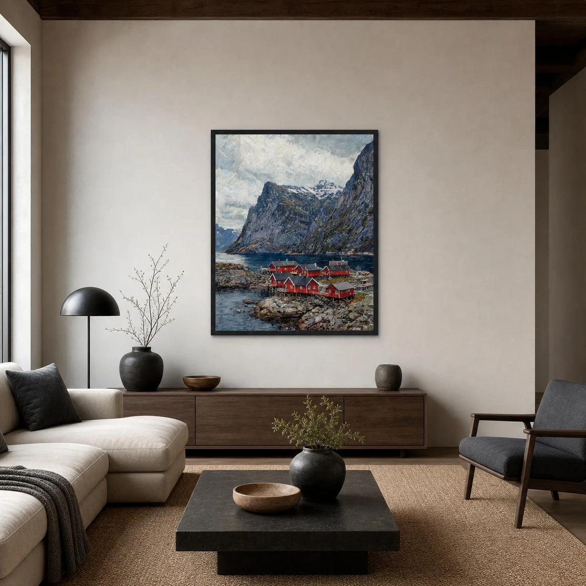 Framed Nordic Fjord Village Art | Scandinavian Mountain Wall Decor