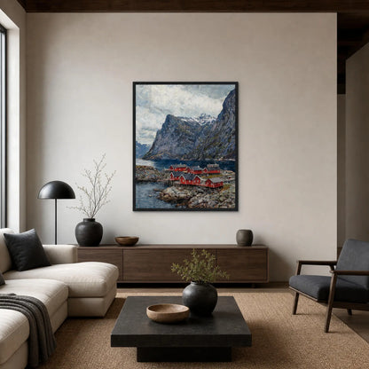 Framed Nordic Fjord Village Art | Scandinavian Mountain Wall Decor