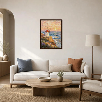 Framed Coastal Windmill Sunset Canvas | Seaside Wall Art Decor