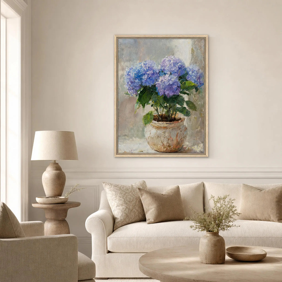 Impressionist Blue Hydrangea Potted Plant Framed Canvas Wall Art