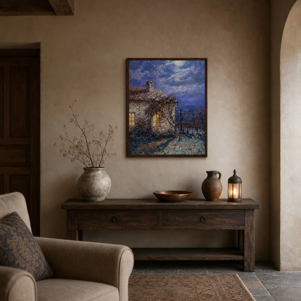 Moonlit Stone Cottage Framed Art Print | Ready to Hang Wall Decor