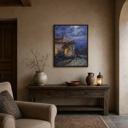 Moonlit Stone Cottage Framed Art Print | Ready to Hang Wall Decor