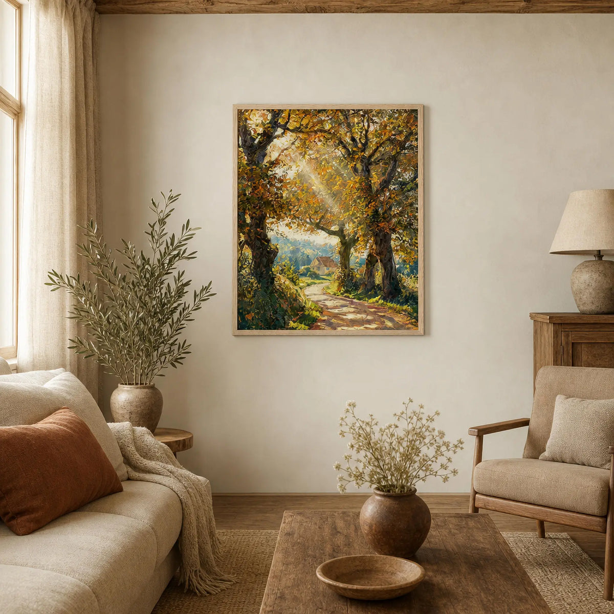 Sunlit Autumn Path Framed Art Print | Ready to Hang Wall Decor