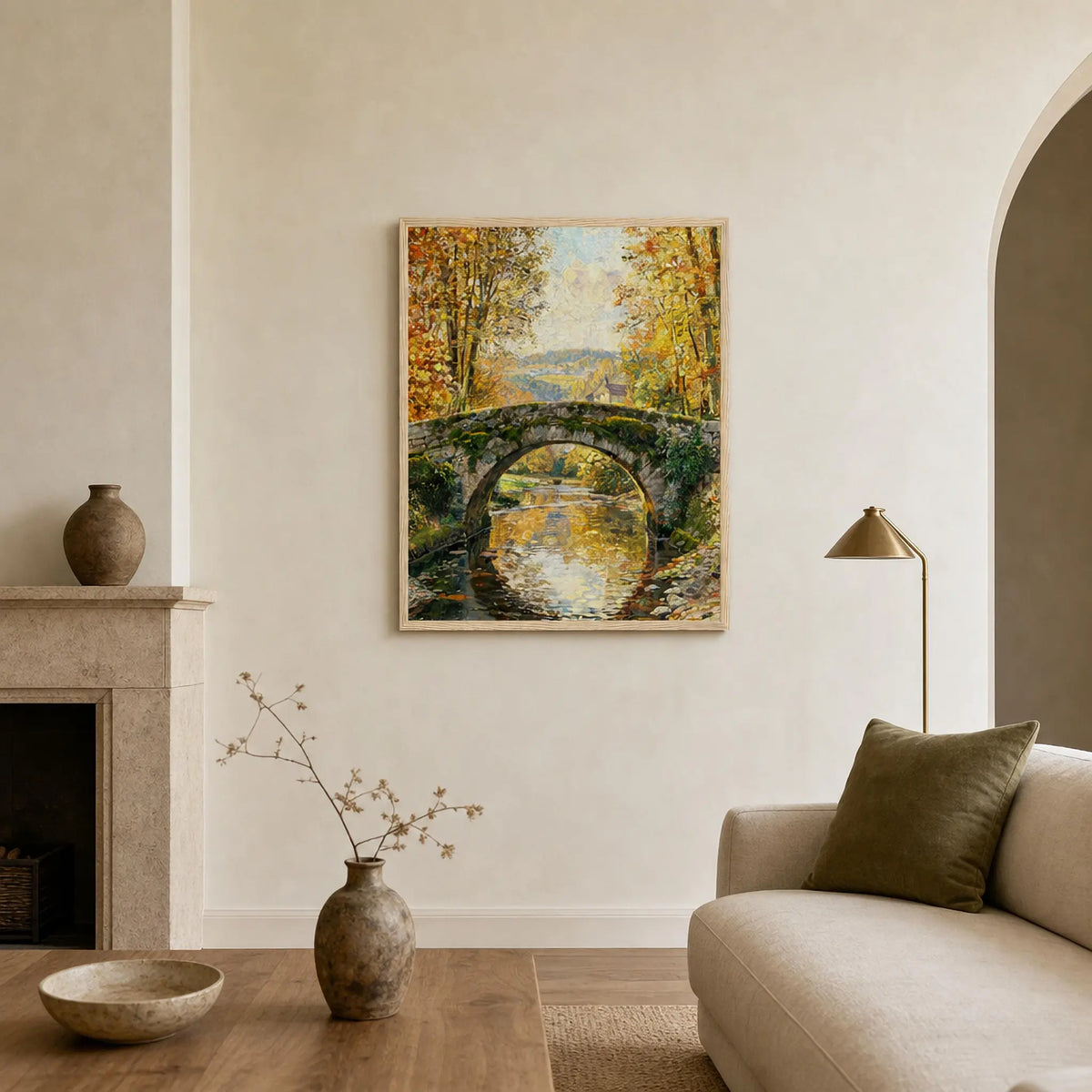 Stone Bridge Autumn Stream Framed Art Print | Ready to Hang Wall Decor