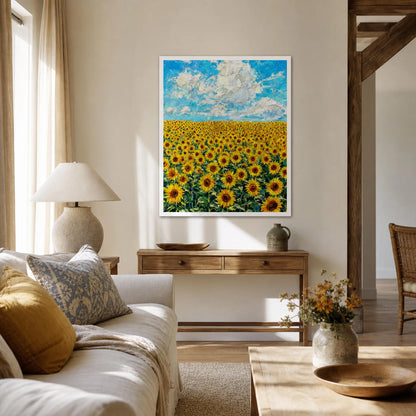 Framed Sunny Meadow Landscape Art Print | Ready-to-Hang Yellow Flower Wall Decor