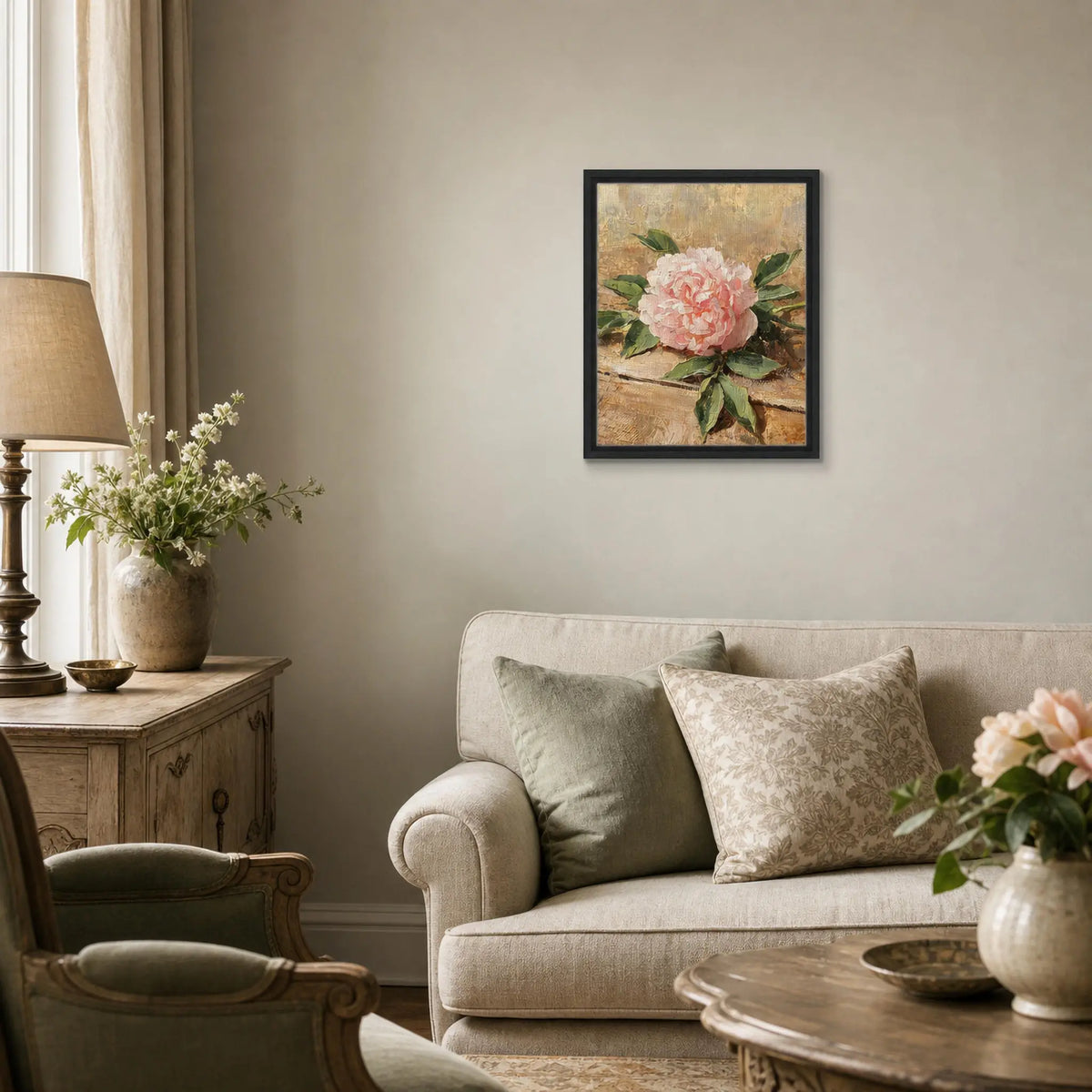 Single Pink Peony on Rustic Wood Impressionist Art Print