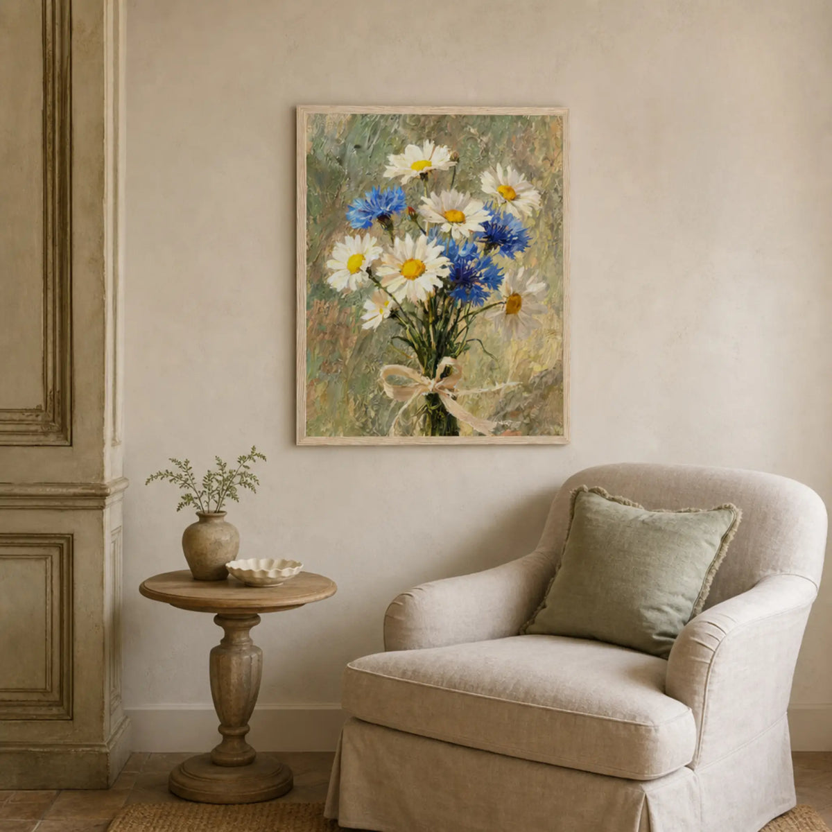 Impressionist Daisy and Cornflower Bouquet Framed Art Print
