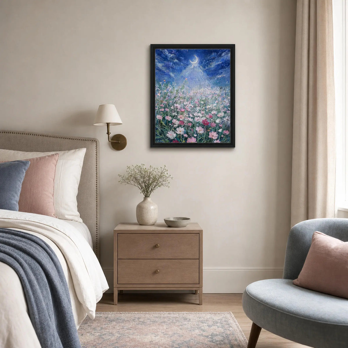 Moonlit Cosmos Meadow Framed Canvas Wall Art
