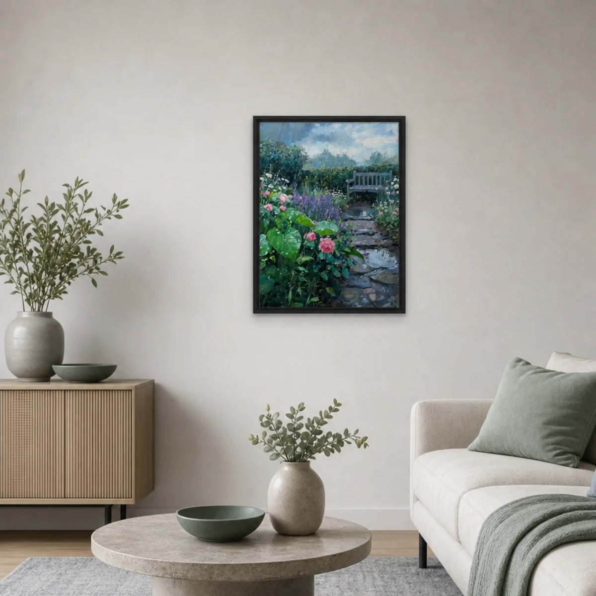 Rainy Garden Bench and Stone Path Framed Canvas | Vintstep