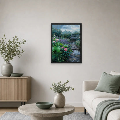 Rainy Garden Bench and Stone Path Framed Canvas | Vintstep