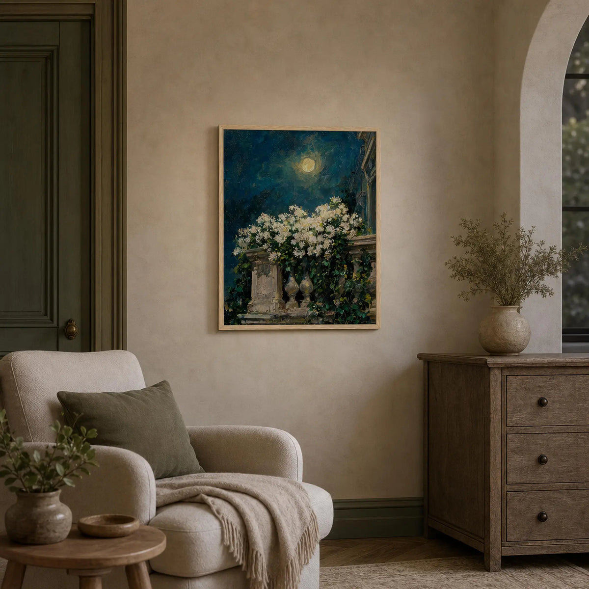 Moonlit Balcony Blooms Framed Art Poster