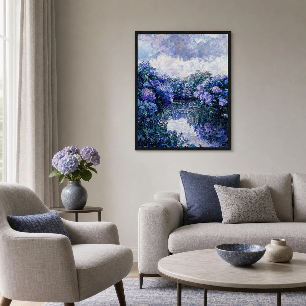 Framed Hydrangea River Landscape Art Print | Ready-to-Hang Botanical Decor