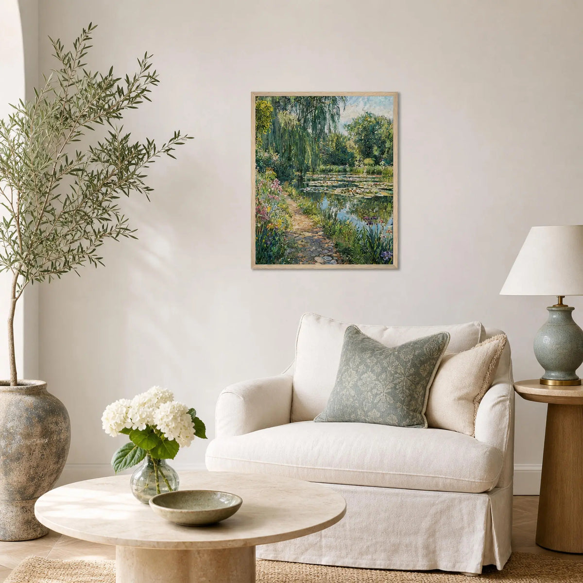 Cobblestone Path by Water Lily Pond Wooden Framed Poster | Vintstep