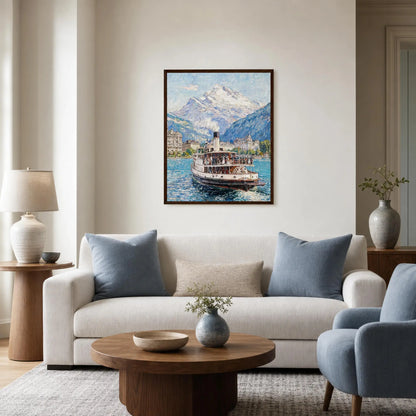 Framed Alpine Steamboat Art | Mountain Lake Wall Decor Poster