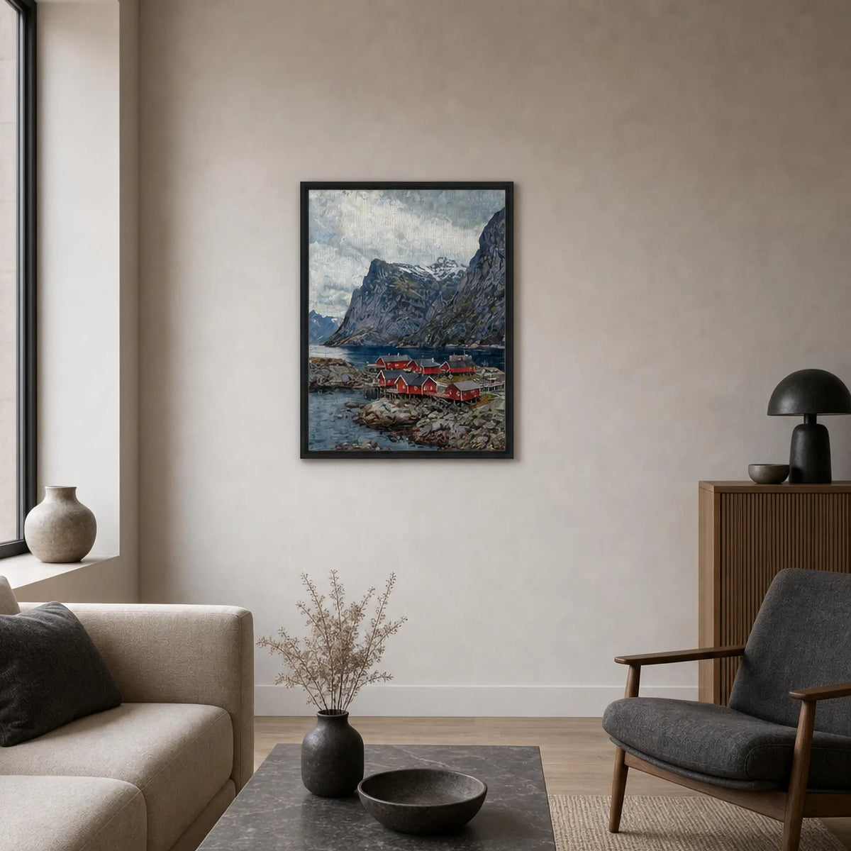 Framed Nordic Fjord Village Canvas | Scandinavian Wilderness Decor