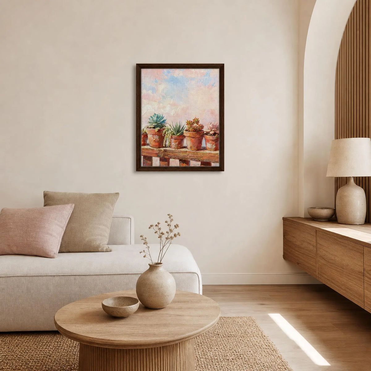 Framed Canvas Art: Potted Succulents and Pastel Sky | Modern Botanical Print