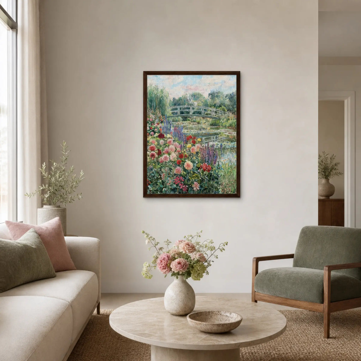 Japanese Bridge and Floral Garden Framed Canvas | Vintstep
