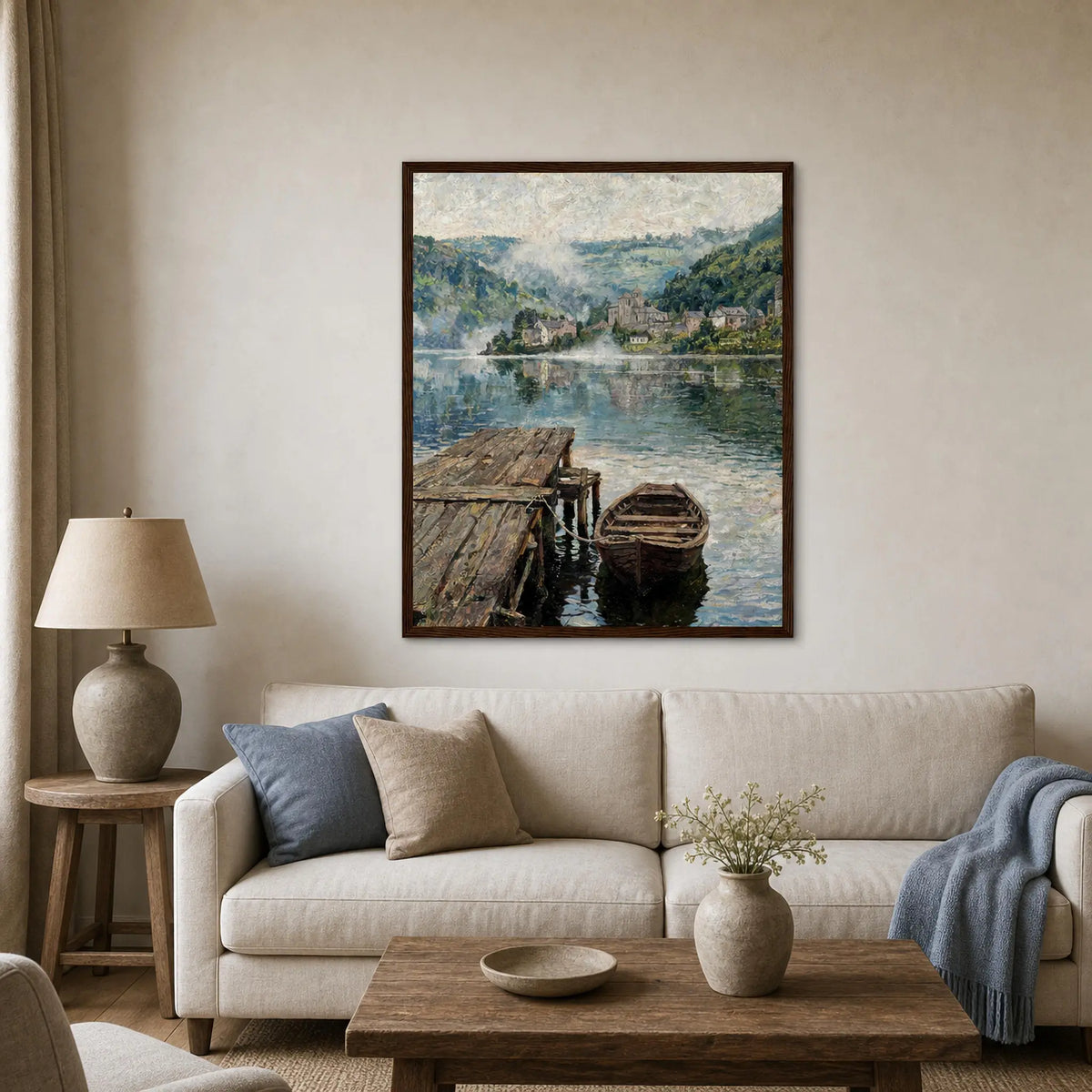 Framed Vintage Lakeside Landscape Art | Ready-to-Hang Classic Wall Decor