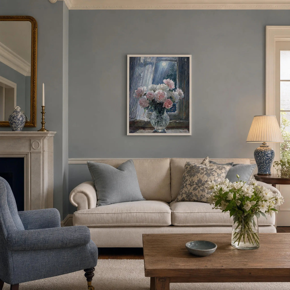 Moonlit Peony Window Framed Art Poster