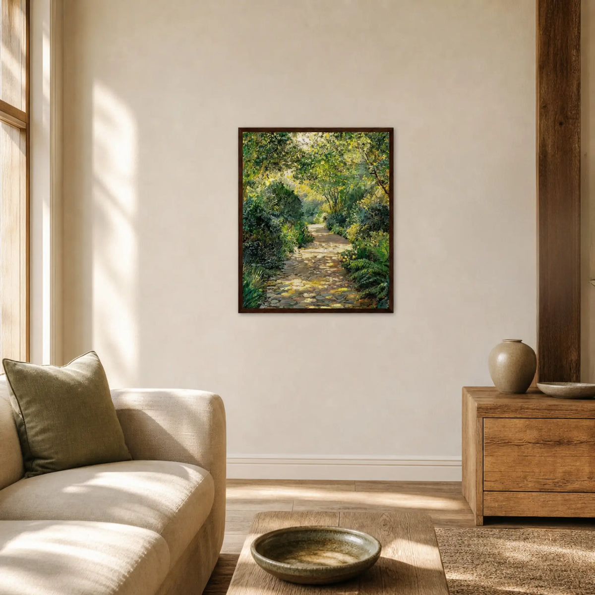 Sunlit Garden Pathway Wooden Framed Poster | Vintstep