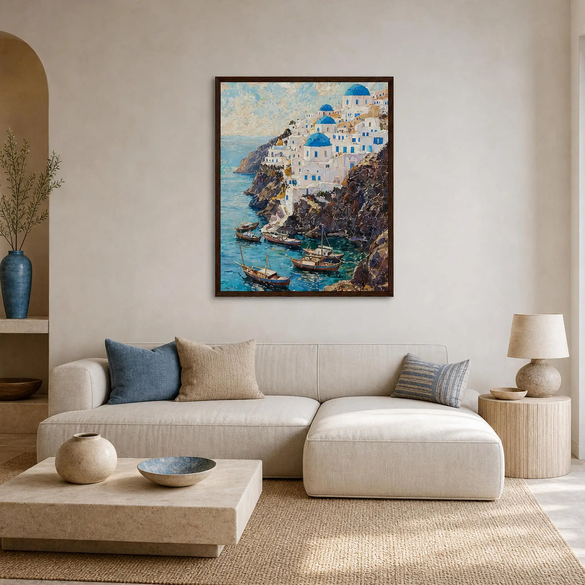 Framed Greek Island Cliff Art | Aegean Village Wall Decor Poster