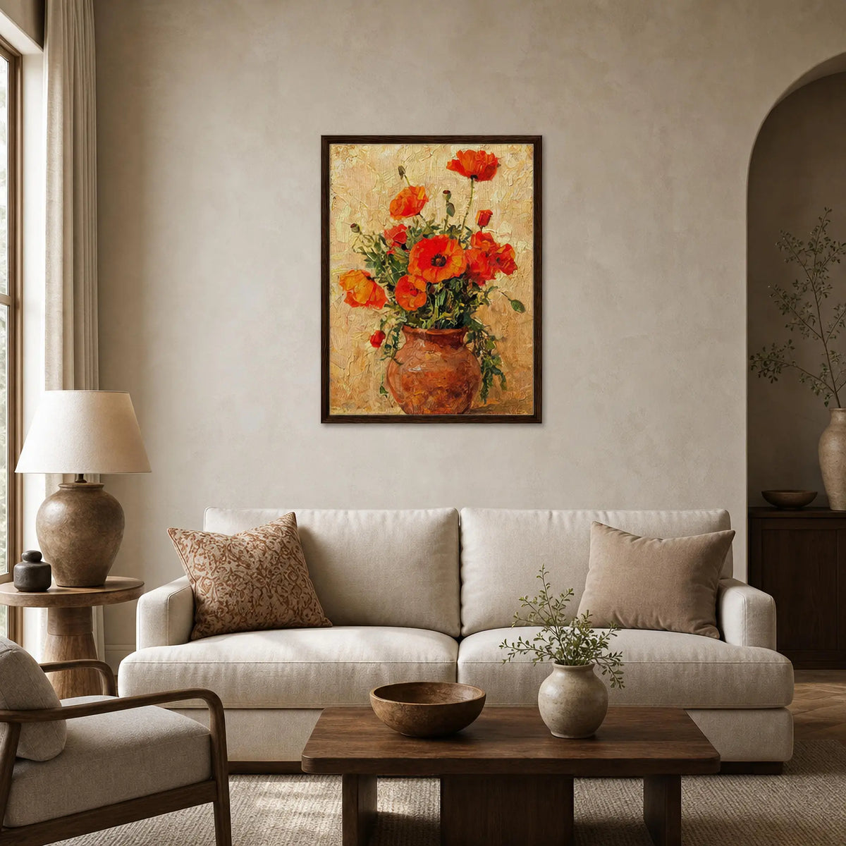 Impressionist Red Poppy Potted Plant Framed Canvas Wall Art