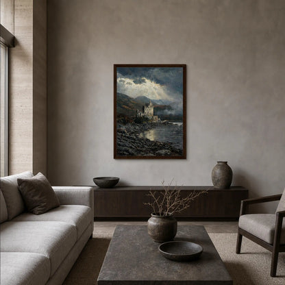 Framed Highland Castle Canvas | Moody Coastal Wall Art Decor
