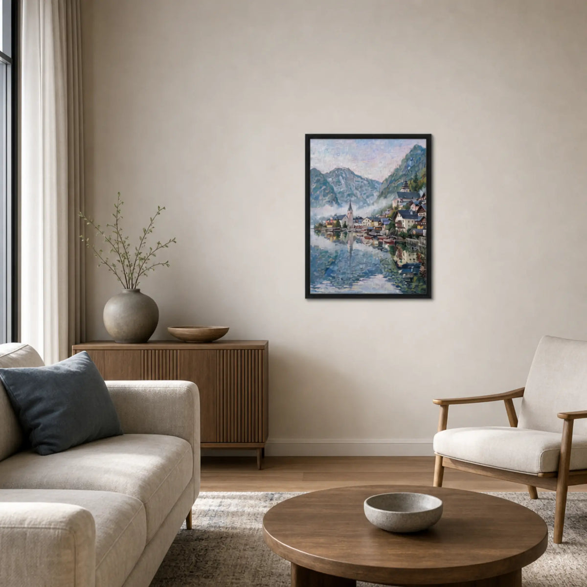 Framed Alpine Lake Village Canvas | Scenic Mountain Decor