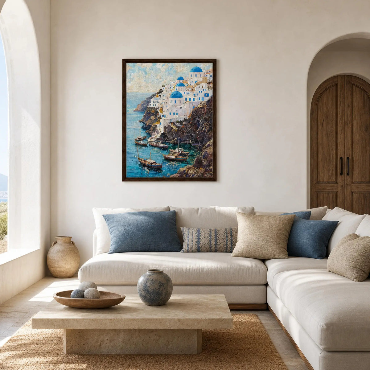Santorini Cliffside Village & Boats Impressionist Art Print