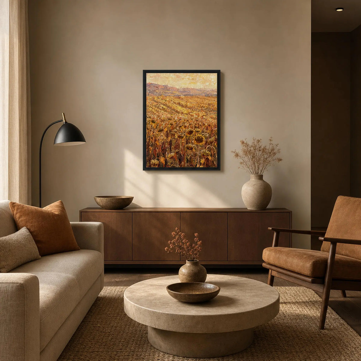 Golden Sunflower Field Framed Canvas Wall Art | Gallery Style Decor