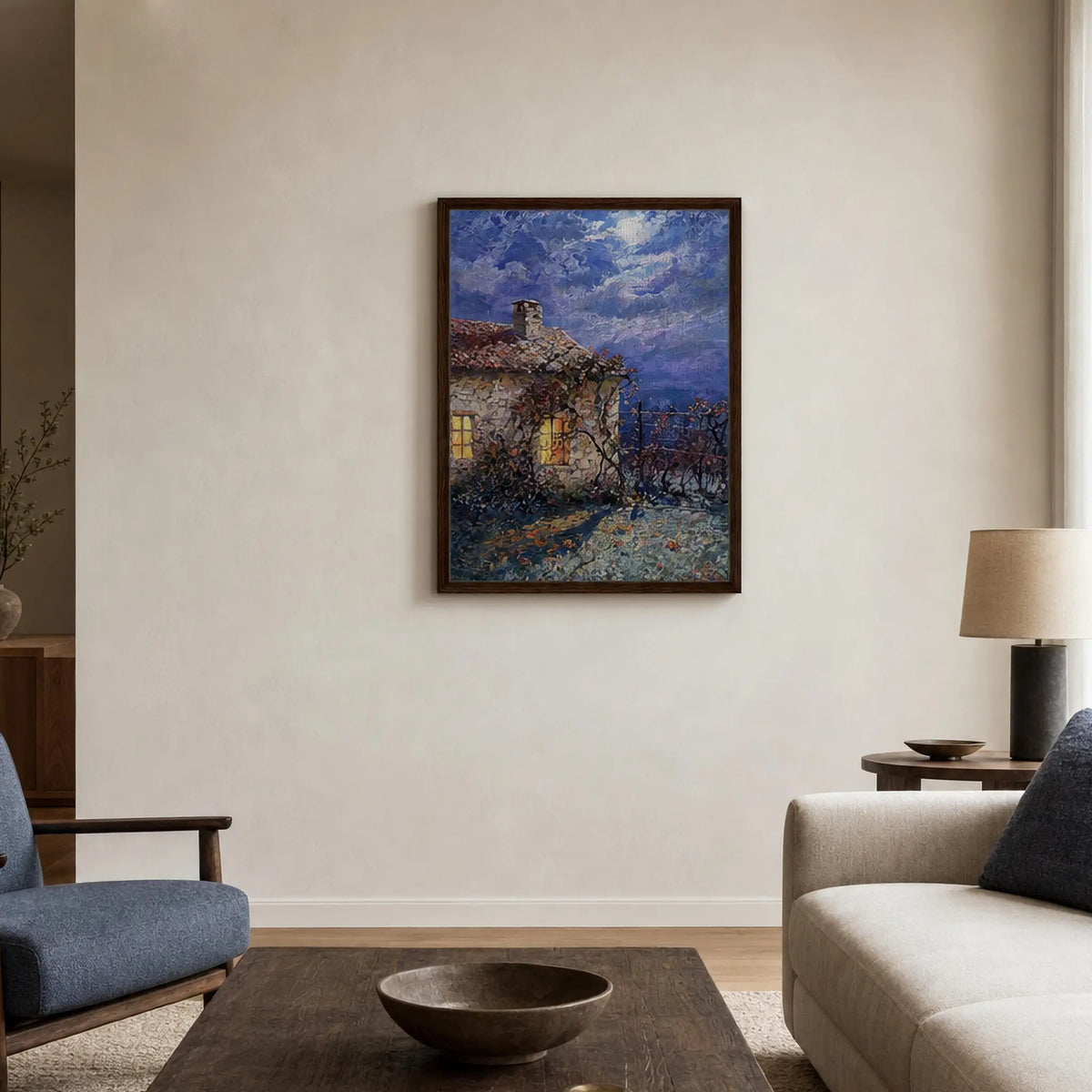 Moonlit Stone Cottage Framed Canvas Wall Art | Gallery Style Decor
