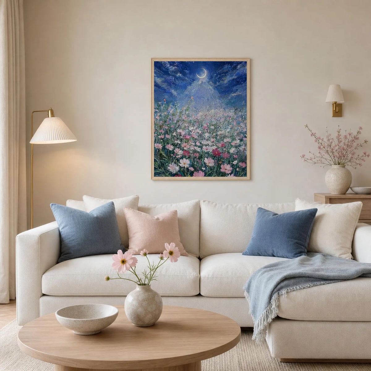 Moonlit Cosmos Meadow Framed Art Poster