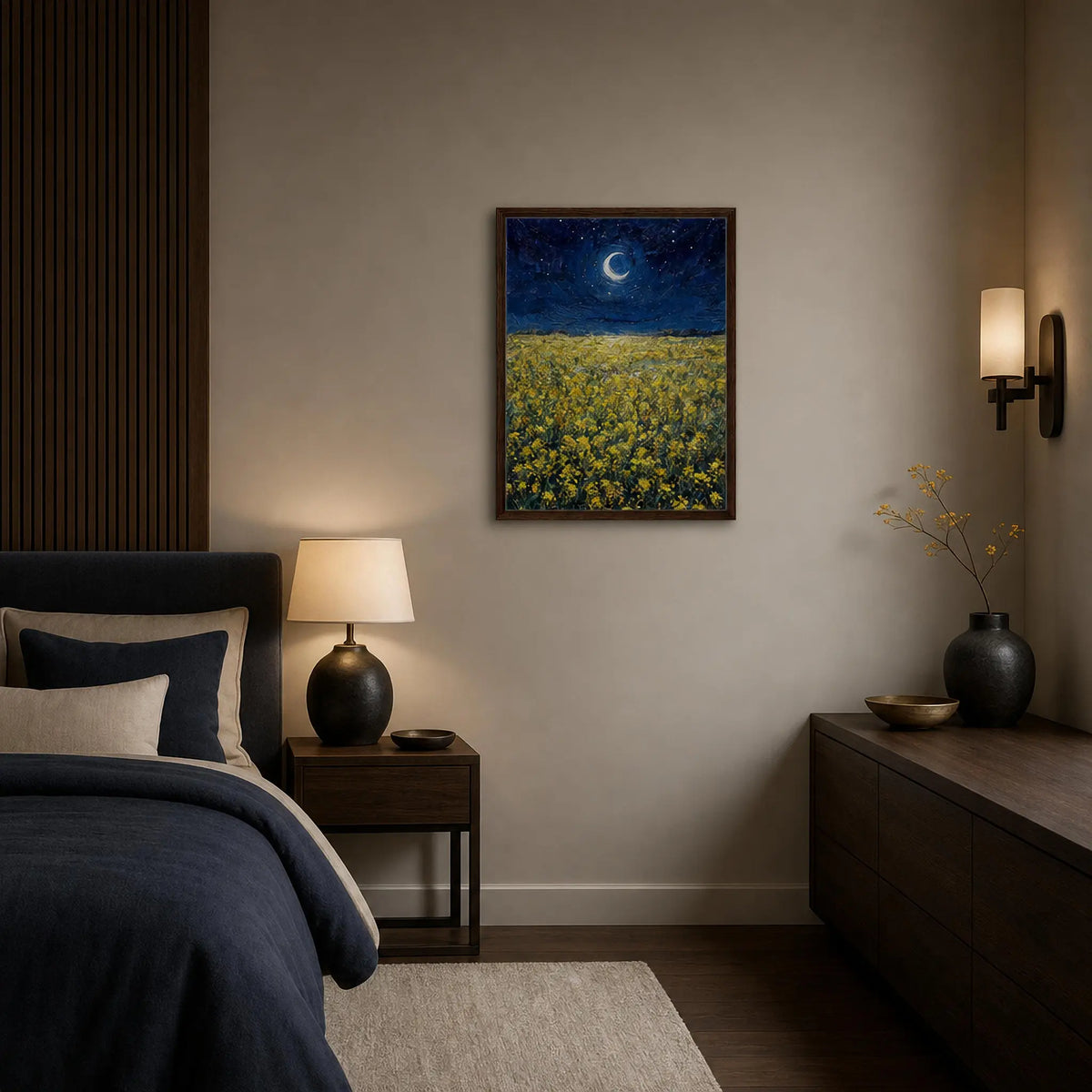 Moonlit Golden Meadow Framed Canvas Wall Art