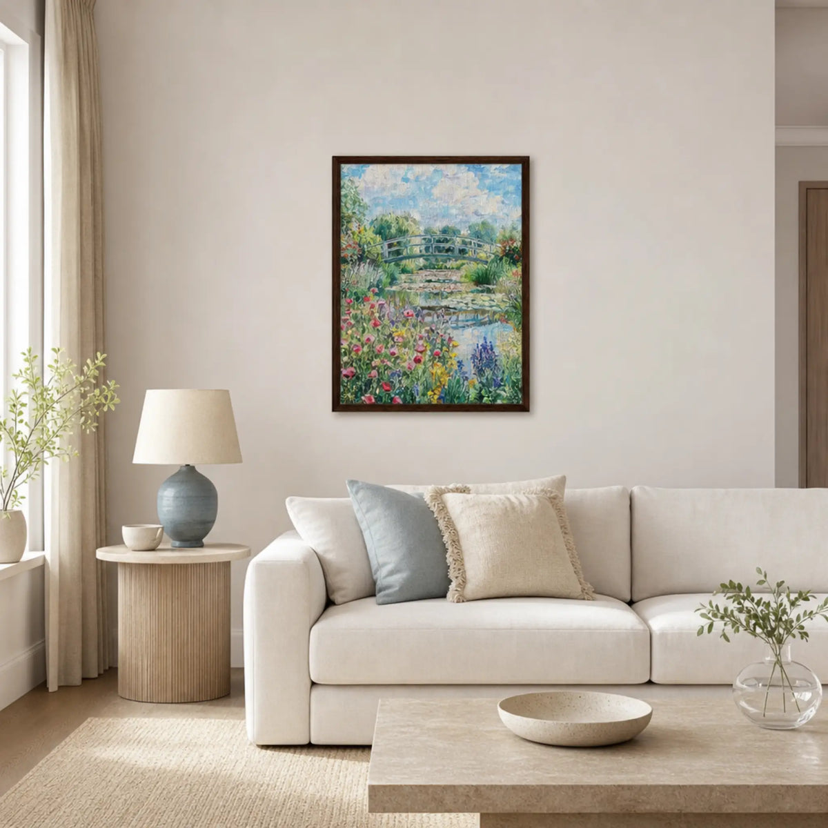 Sunny Japanese Bridge and Flower Garden Framed Canvas | Vintstep