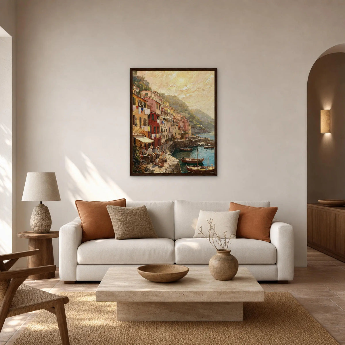 Framed Coastal Village Life Art | Seaside Harbor Wall Decor Poster