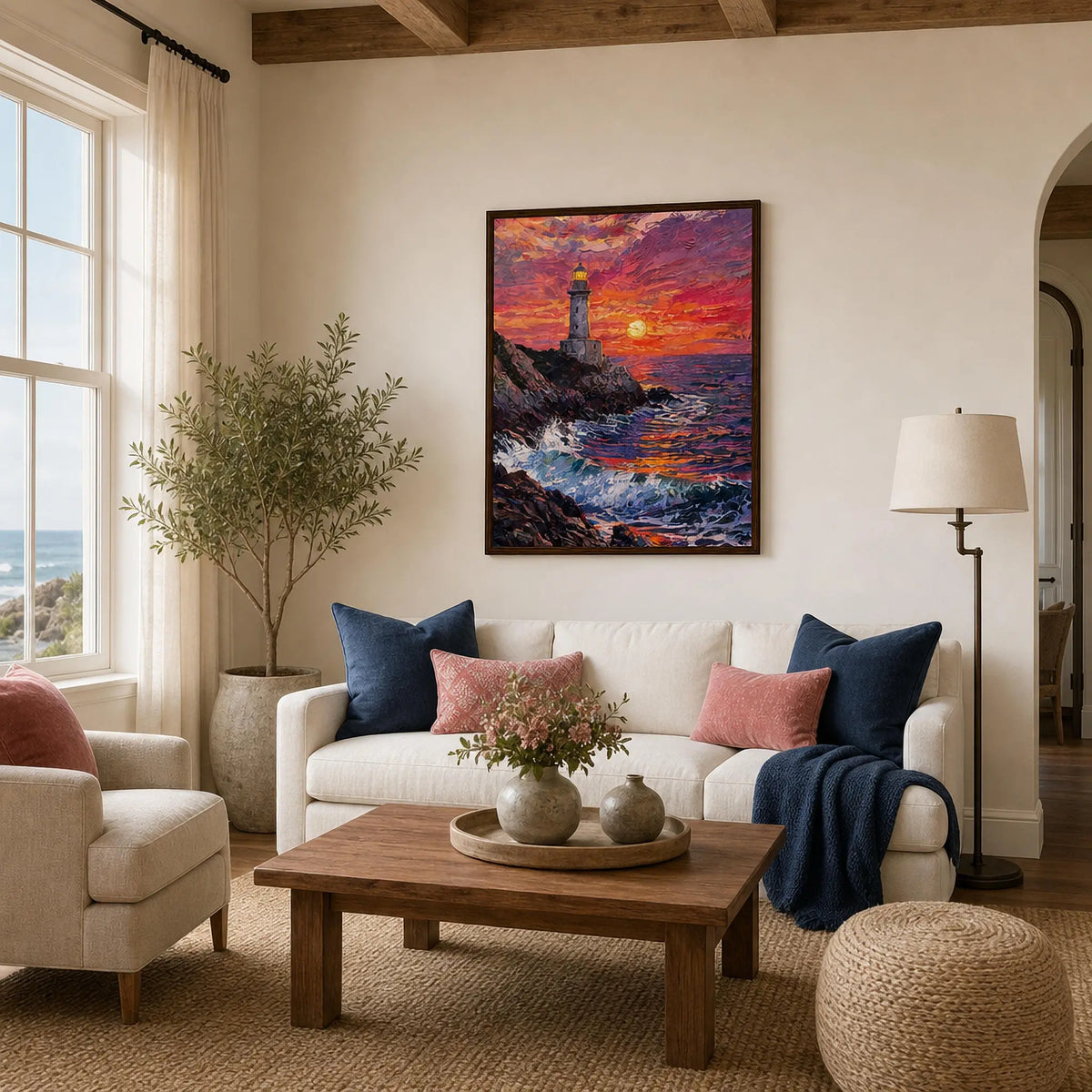 Framed Coastal Lighthouse Art | Sunset Seascape Wall Decor Poster