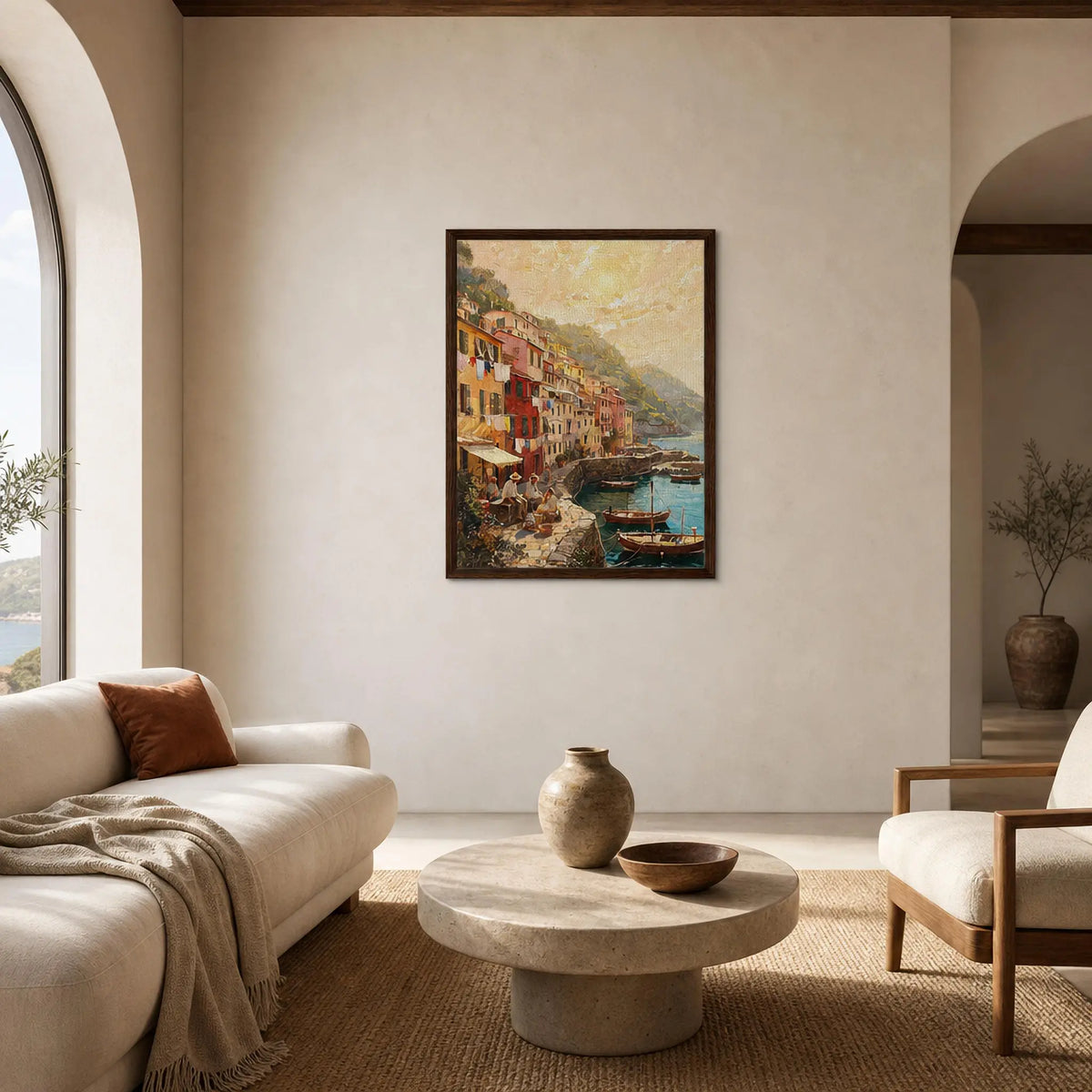 Framed Coastal Harbor Village Canvas | Seaside Wall Art Decor