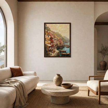 Framed Coastal Harbor Village Canvas | Seaside Wall Art Decor