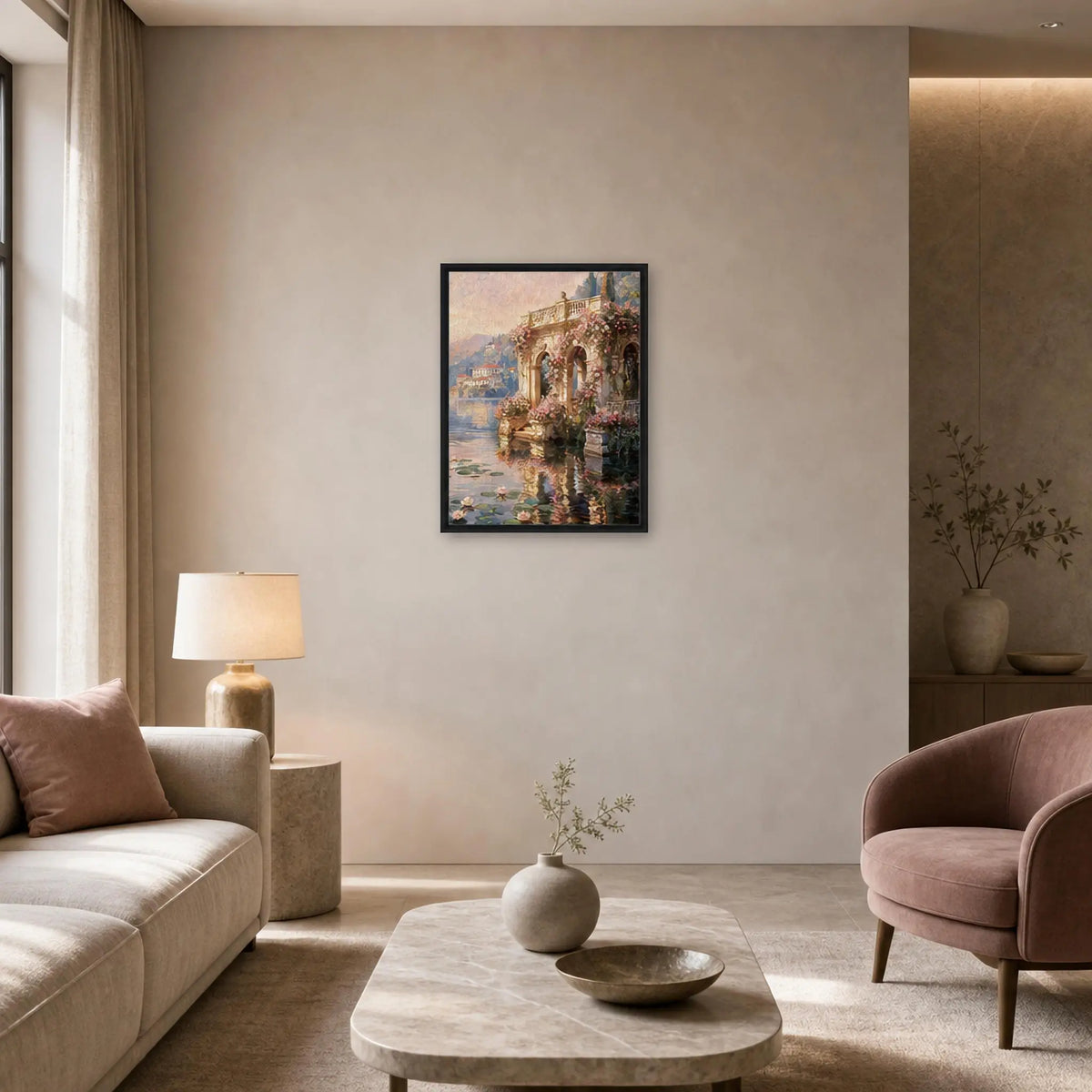 Framed Lakeside Terrace Canvas | Romantic Villa Wall Art Decor