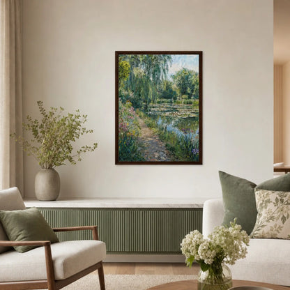 Cobblestone Path by Water Lily Pond Framed Canvas | Vintstep