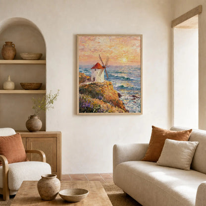 Framed Coastal Windmill Art | Seaside Sunset Wall Decor Poster