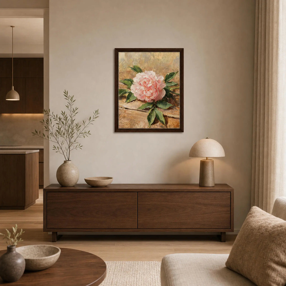 Single Pink Peony on Rustic Wood Impressionist Art Print