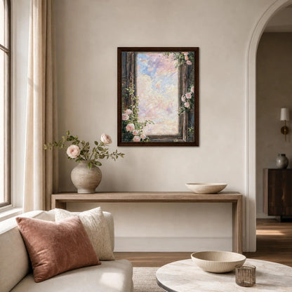 Framed Canvas Art: Romantic Vintage Rose Window | Textured Pastel Sky Print
