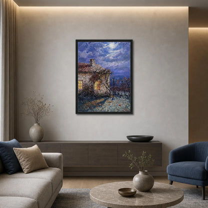 Moonlit Stone Cottage Framed Canvas Wall Art | Gallery Style Decor