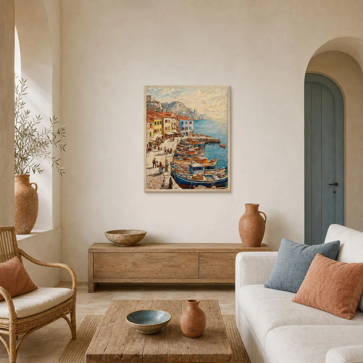 Framed Coastal Fishing Village Art | Vintage Harbor Wall Decor