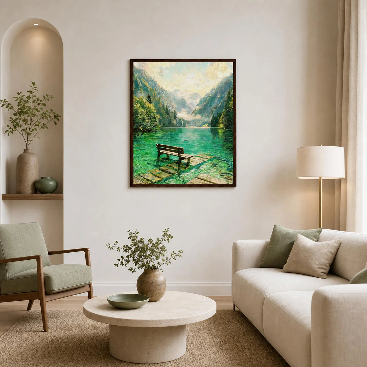 Framed Alpine Lake Bench Art | Serene Mountain Wall Decor Poster