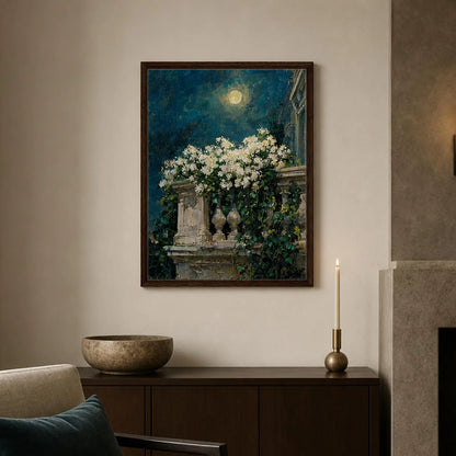 Moonlit White Blossoms Balcony Impressionist Art Print