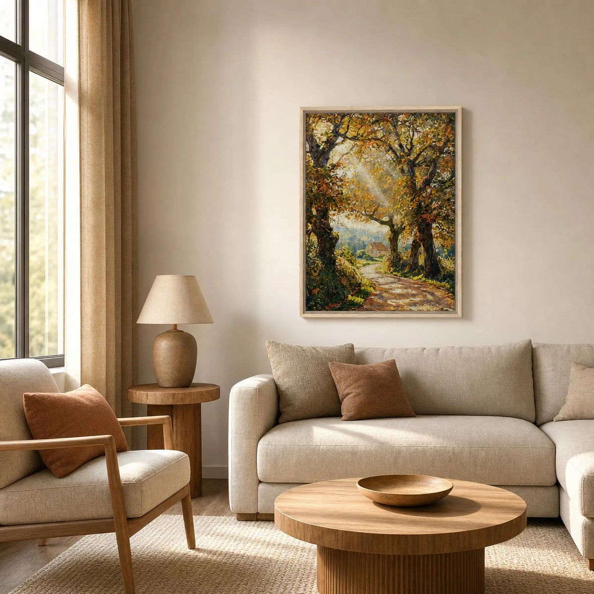Sunlit Autumn Path Framed Canvas Wall Art | Gallery Style Decor