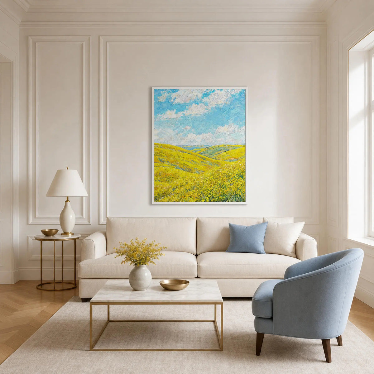 Framed Sunny Meadow Landscape Art Print | Ready-to-Hang Yellow Flower Wall Decor